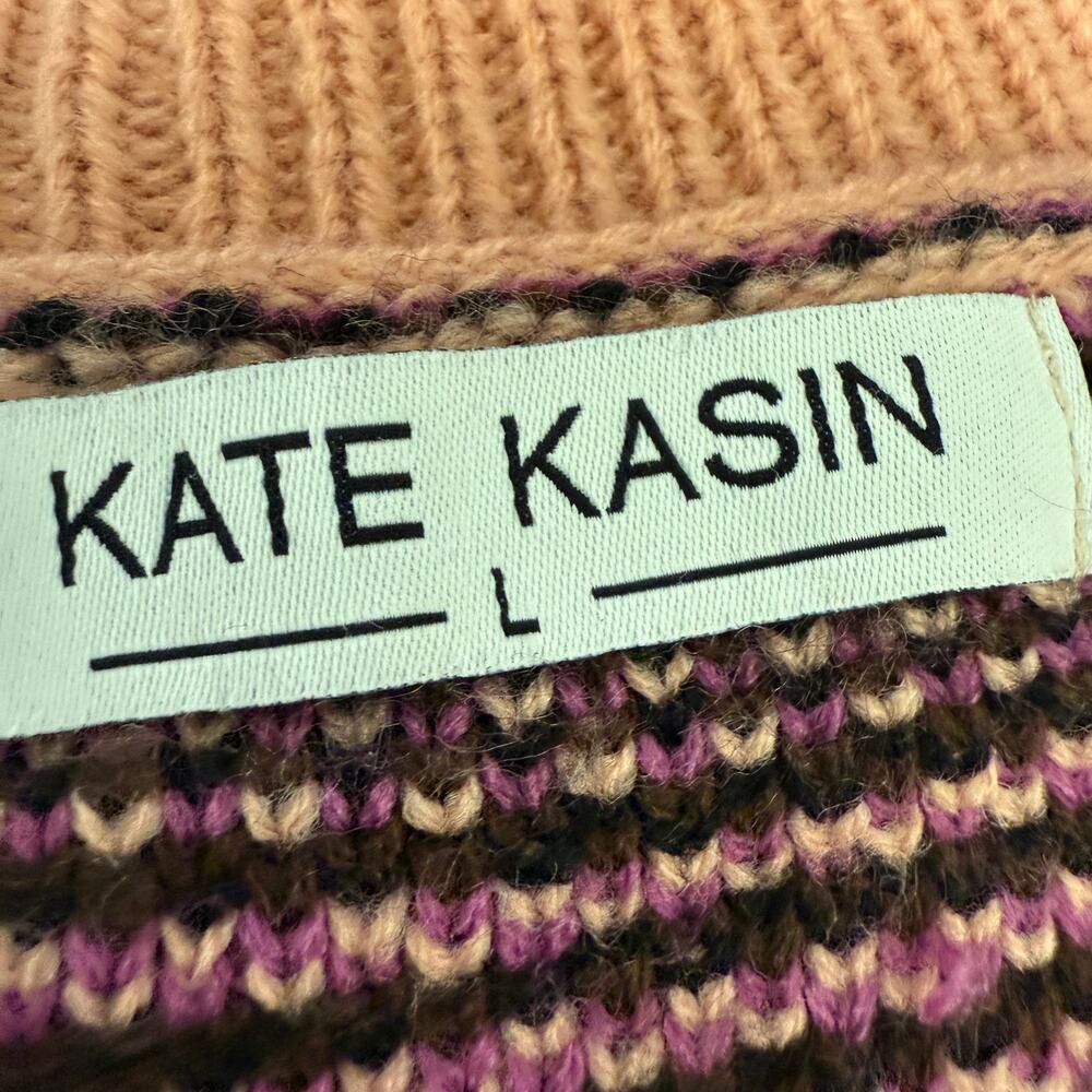 Kate Kasin Womens L Pink Plaid V Neck Sweater Vest Argyle Zig Zag Funky Purple - Picture 2 of 4